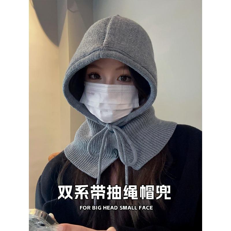 Korean balaclava hat for women, winter warm hat with integrated neck warmer, couple's style, ear protection, knitted wool hat