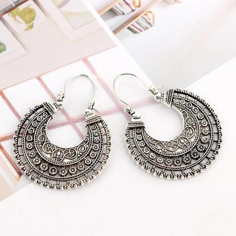 Hoop Earrings Ethnic Tribal Aztec Hippy Boho Dangle Silver Tibetan Fashion