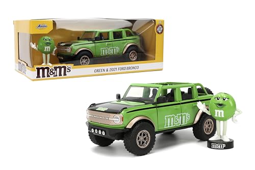 

Jada Hollywood Rides M&M s 2021 Ford Bronco с Зеленым M&M s Металлической Фигуркой - Автомобиль из Литого Металла с Открывающейся Дверью, 1:Масштаб 24, Возраст 8+, Коллекционная игрушка для детей a