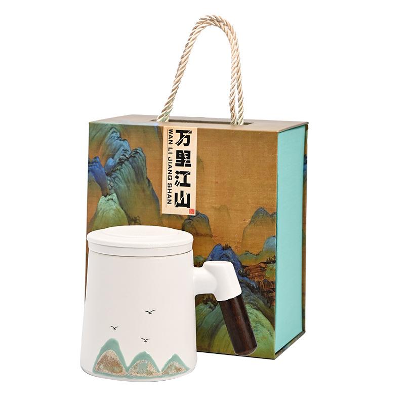 Wind Hand-painted Thousands of Miles Jiangshan Water Cup Merchandise Office Cup Business Teacup Set Ceramic Souvenir Small Gift