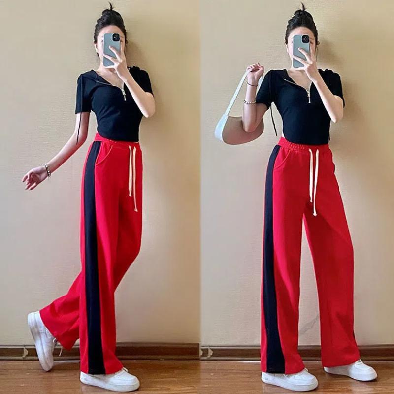 Summer New Women Drawstring Elastic High Waist Pocket Sports Loose Straight Pants