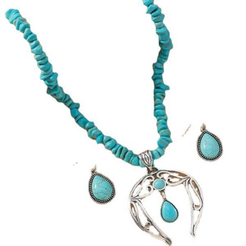 Vintage Turquoise Drop Necklace Earring Set Bohemian Retro Alloy Jewelry Women Men Water Wave Chain