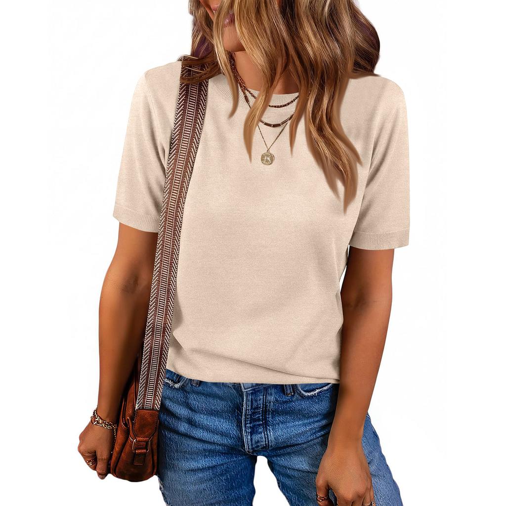 Women Pullover Sweater Wool Blend Short Sleeve Crew Neck Casual Lightweight Knitwear for Everyday Wear