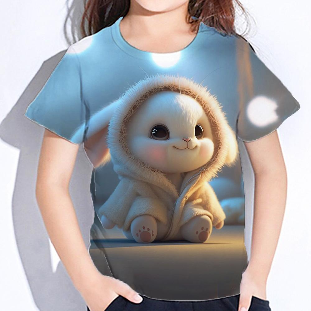 Rabbit Cartoon Print Toddler Short Sleeve Tops Oversized Crew Neck Tees Little Girl Clothes