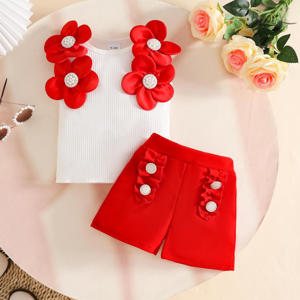 Sweet Baby Girl Sleeveless Ribbed Top & Lace Button Shorts Set
