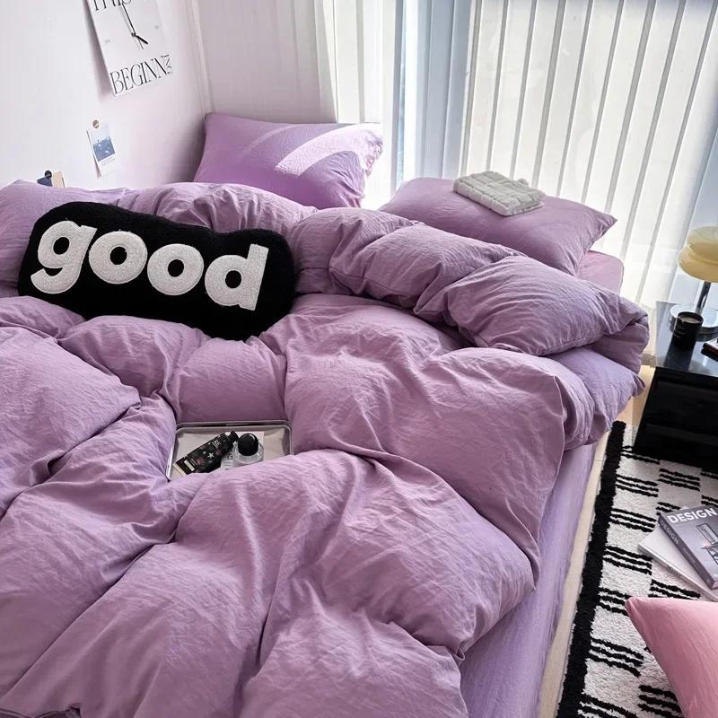 Washed Cotton Bed Linen Bedding Set 3/4 Pieces Bed Sheets Set Solid Color Comforter Cover Couple Queen King Size Bed Quilt Cover