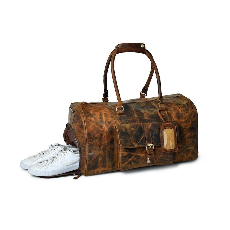 Handmade Buffalo Leather Duffle Bag: Men's Weekend Travel Bag with Shoe Compartment