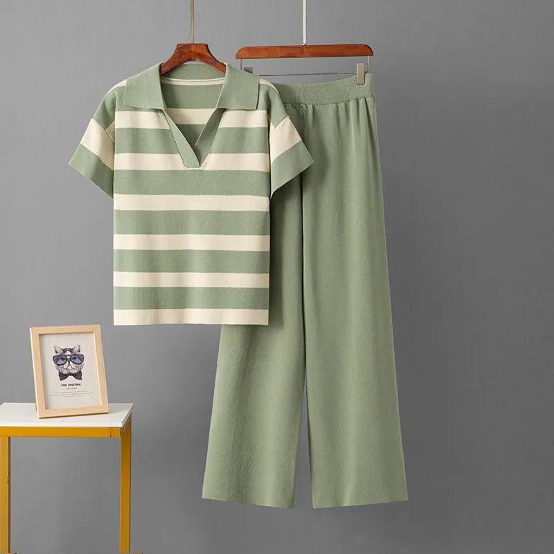 Cross-Border Foreign Trade Summer Fashion Set V-neck Short Sleeve Striped Knitted Top Fashion Slim Fit Wide Leg Pants Two-piece Set