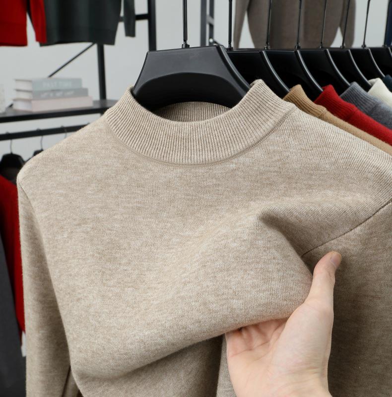 Men's Velvet Knit Sweater - Warm Half-High Collar, Thickened Base Layer
