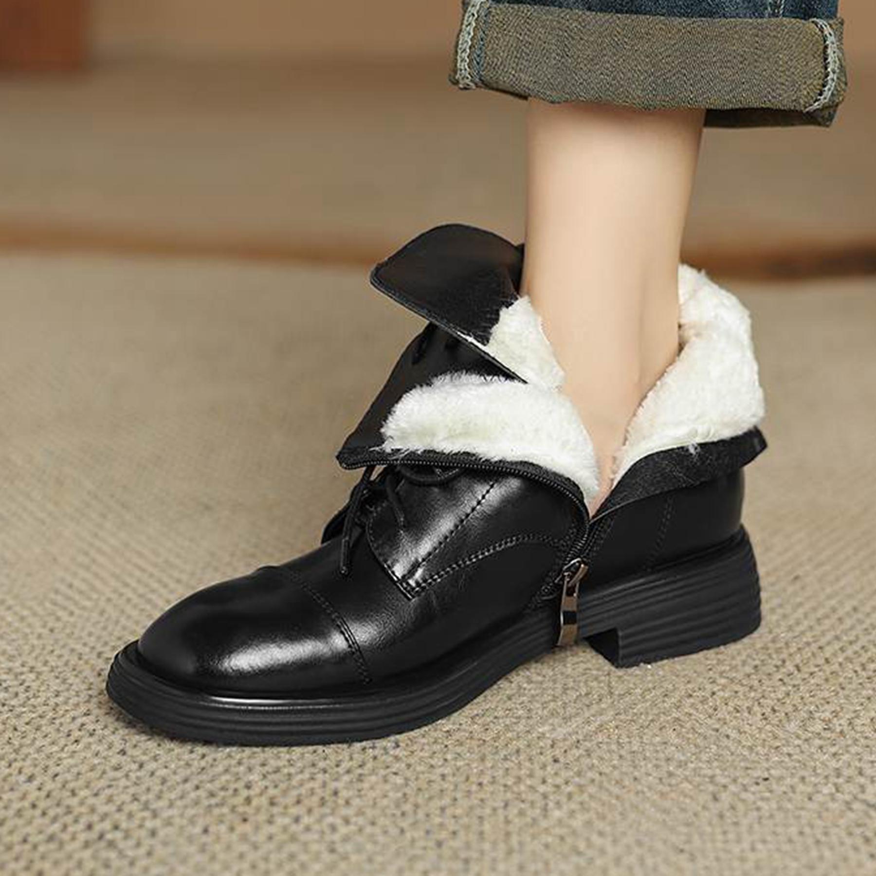 

Krazing Pot Cow Skin Autumn Winter Shoes Med Heels Size 43 Size 42 Round Toe Lace Up Retro Fur Keep Warm Ankle Boots 34 чорний
