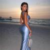 Abito Lungo Maxi Sexy Senza Schiena Slim Scollo Quadrato Senza Maniche Abiti da Festa Estate Autunno Nuovo Elegante Raso Senza Maniche Spalline