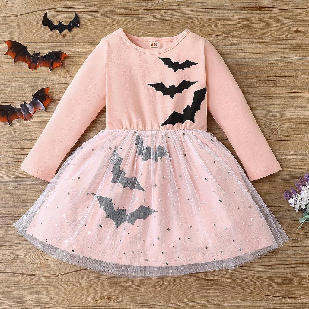 European and American Halloween Cosplay Batwing Mesh Dress for Girls - Autumn Long-Sleeve Style