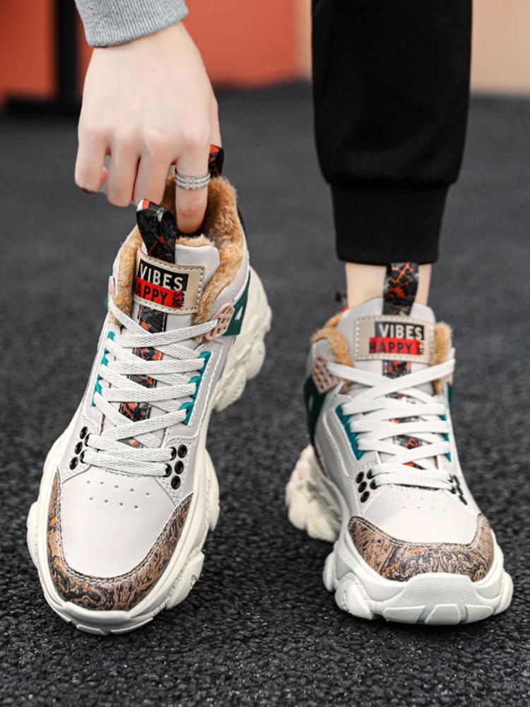 Men New Fleece Lined High Top Dad Shoes Lace Up Warm Casual Versatile Youth Student Sport Cotton Winter Shoes Fashion