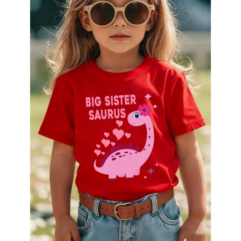 European Sizes Summer Fashion Girls' Short Sleeve T-Shirt BIG SISTER SAURUS Pink Dinosaur with Flowers and Heart Letter Cartoon Print Casual Top