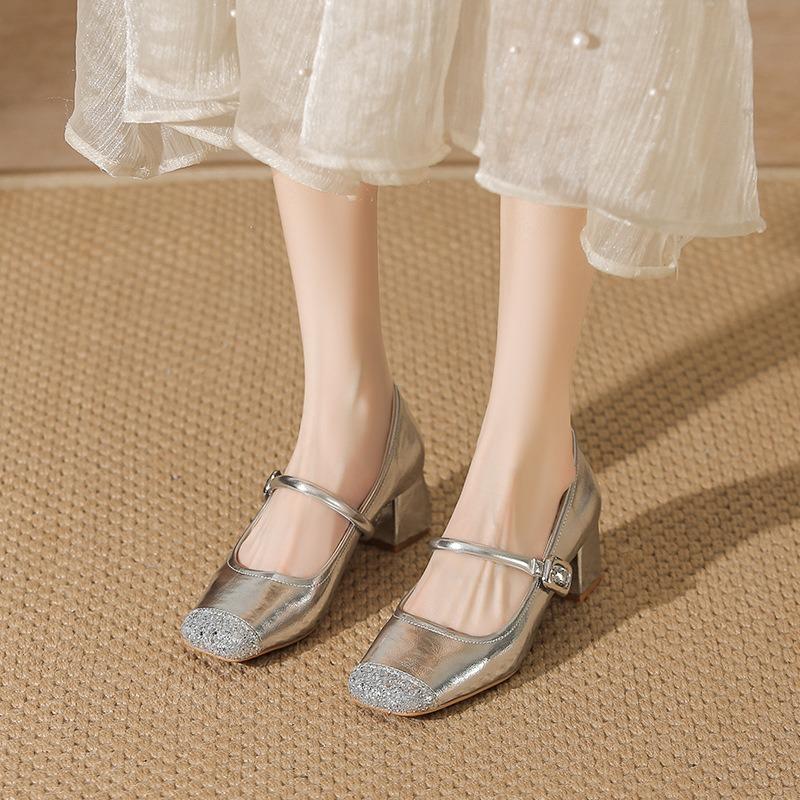 Sheepskin not tired feet single shoes square head rhinestone one-word buckle medium thick heel Mary Jane shoes women's high heel ballet shoes
