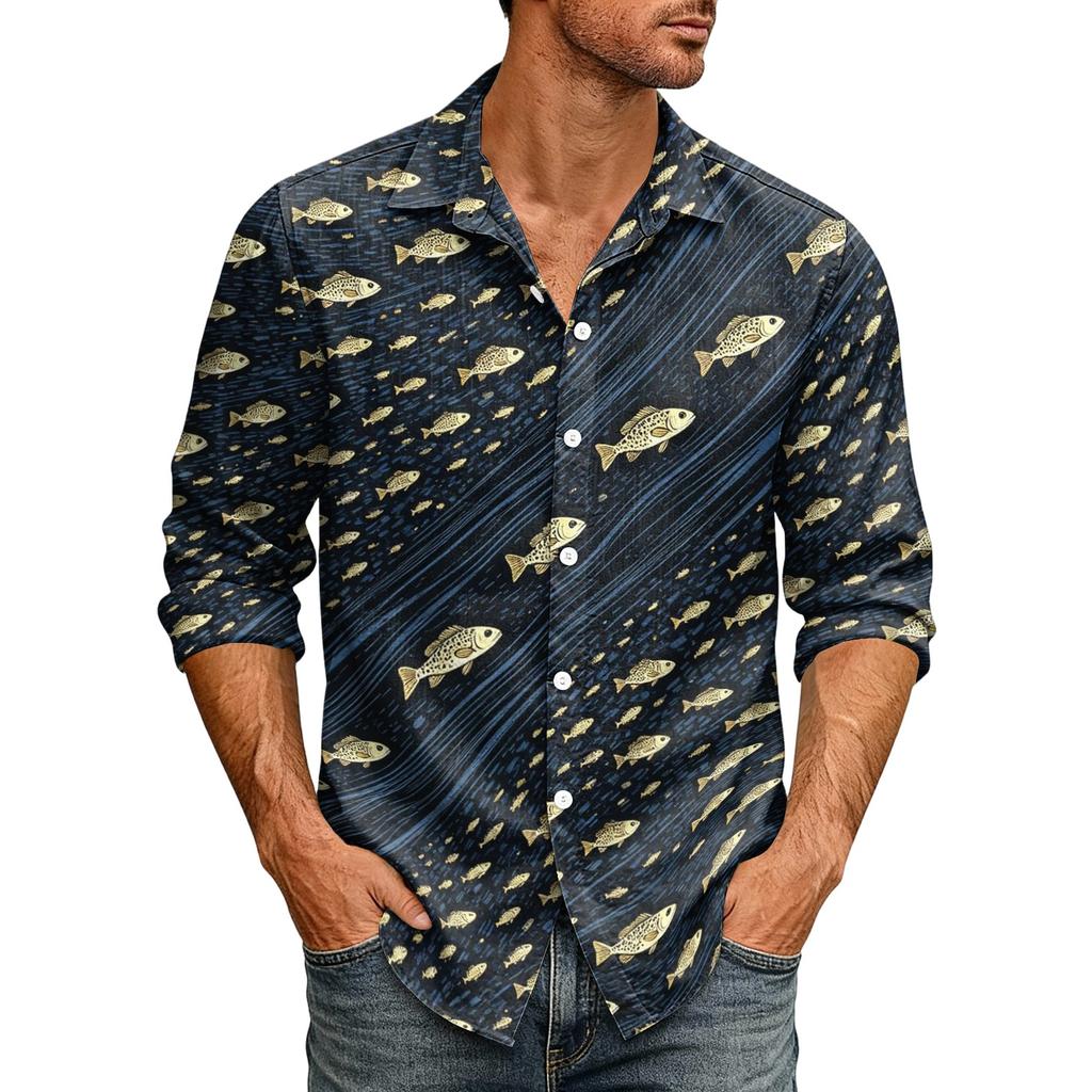 Men's Loose Fit Long Sleeve Shirt Hawaiian Style Button Down Collar Casual Vintage Shirt Suitable for Spring and Autumn Wear