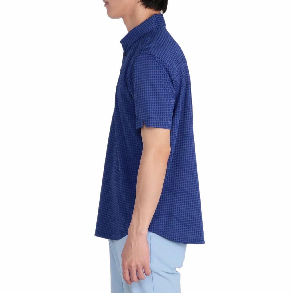 Mizuno Golf Wear Knit Jacquard Gingham Short Sleeve Shirt with and E2MAC018 Button-Down Collar, Moisture-Wicking Quick-Drying, Navy,