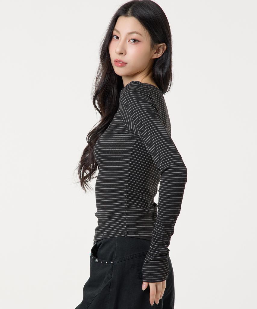 UNKNOWN PLANET Slim Striped Boat Neck Long Sleeve Top Black
