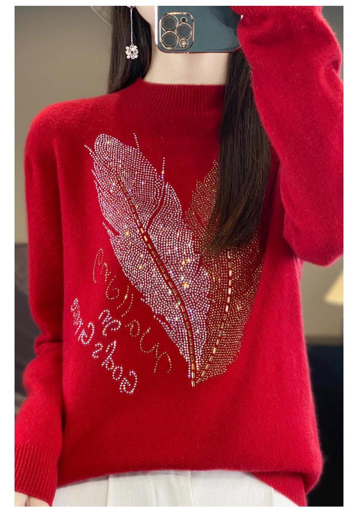 2024 Women's Zodiac Red Wool Sweater - Long Sleeve, Round Neck, Half High Neck