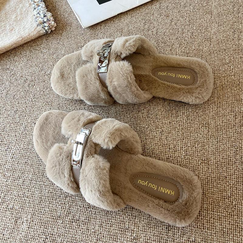 666-8 Korean version of small gold buckle outer wear Mao Mao shoes women's autumn and winter 2025 new thickened plush Mao slippers cotton shoes