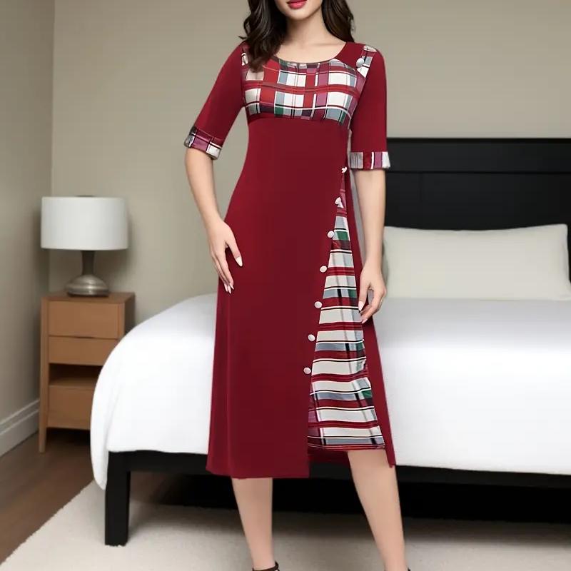 Plaid Print Splicing Dress, Casual Crew Neck Short Sleeve Summer Asymmetrical Dress, Women's Clothing