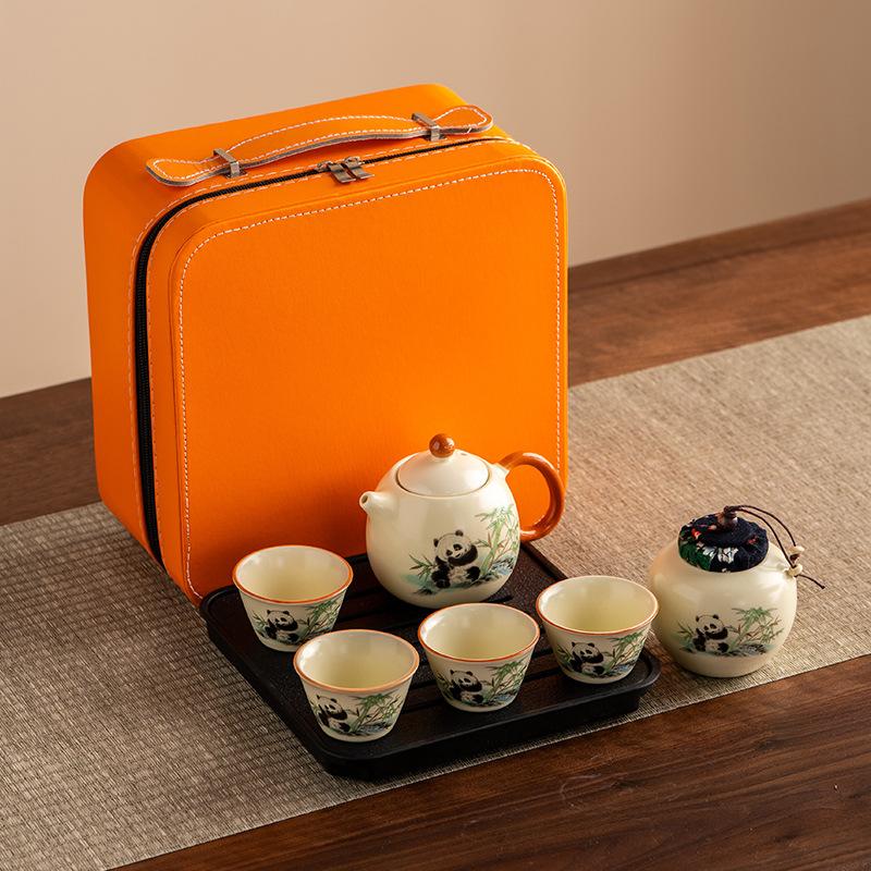 Guochao Open Film Ru Kiln Panda Kung Fu Travel Tea Set Teapot Teacup High-end Gift Box Business Companion Gift