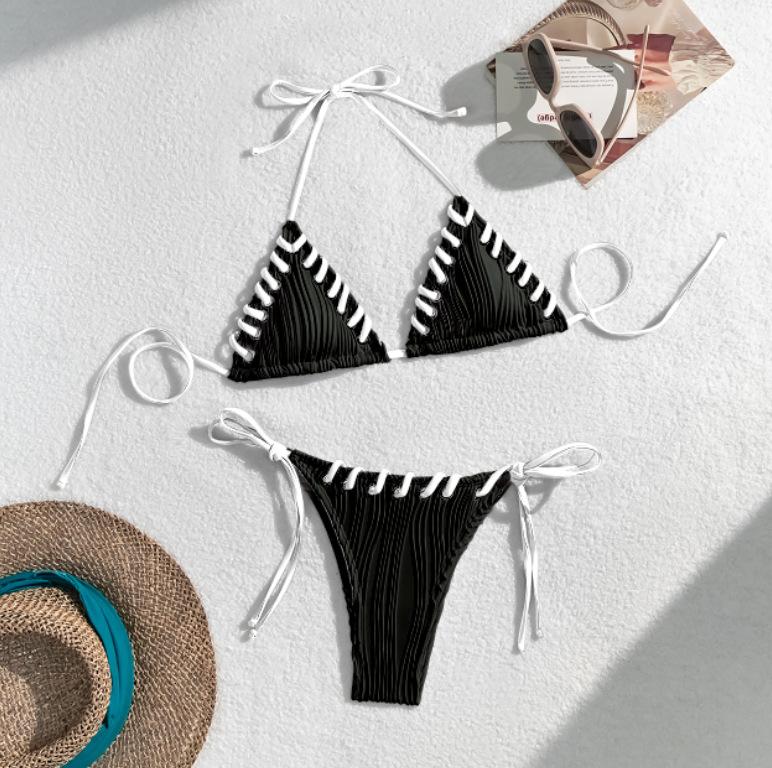 Women's Wave Ribbed Triangle Bikini Color Block Lace-Up Halter Tie Side Swimsuit