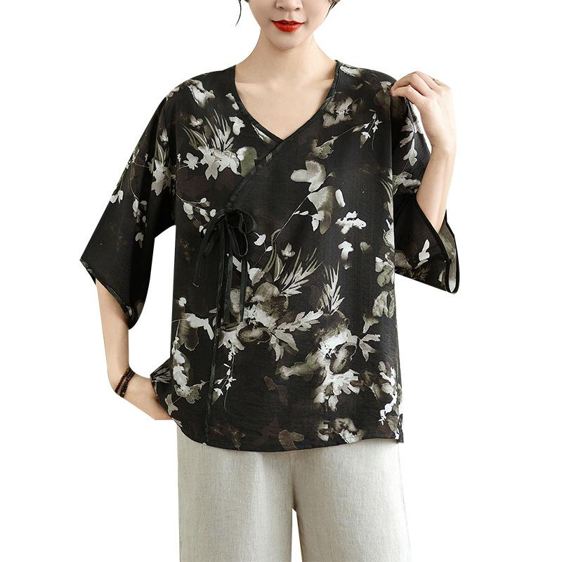 New Chinese Style Chiffon Shirt Printed Plus Size Shirt Summer Retro Loose Short Sleeved Top