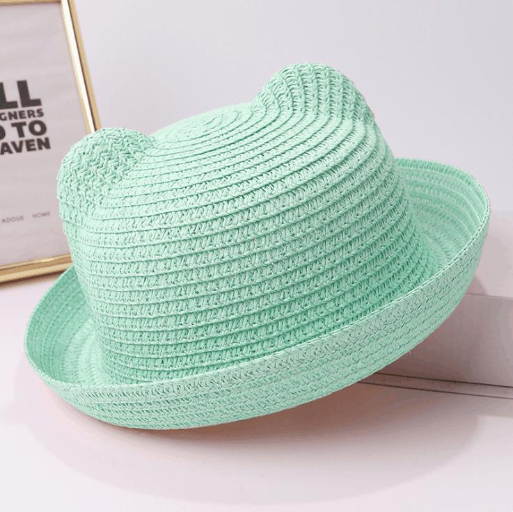 Kids' Korean Style Summer Straw Sun Hat with Cat Ears - Breathable Parent-Child Vacation Design