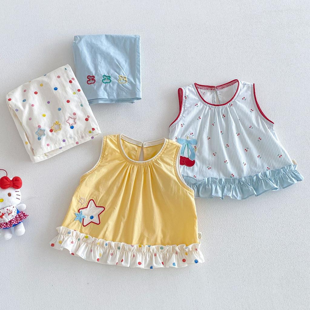 Girls Cherry Star Patch Vest And Polka Dot Pants Set Cute Baby Summer Casual Two Piece Outfit For Kids