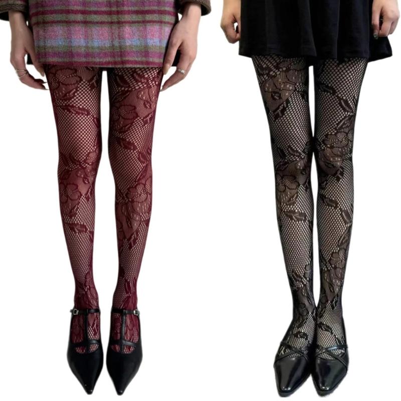 Women See Through Fishnet Mesh Pantyhose Stockings Aesthetic Elegant Hollowed Flower Patterned Tights Leggings Hosiery