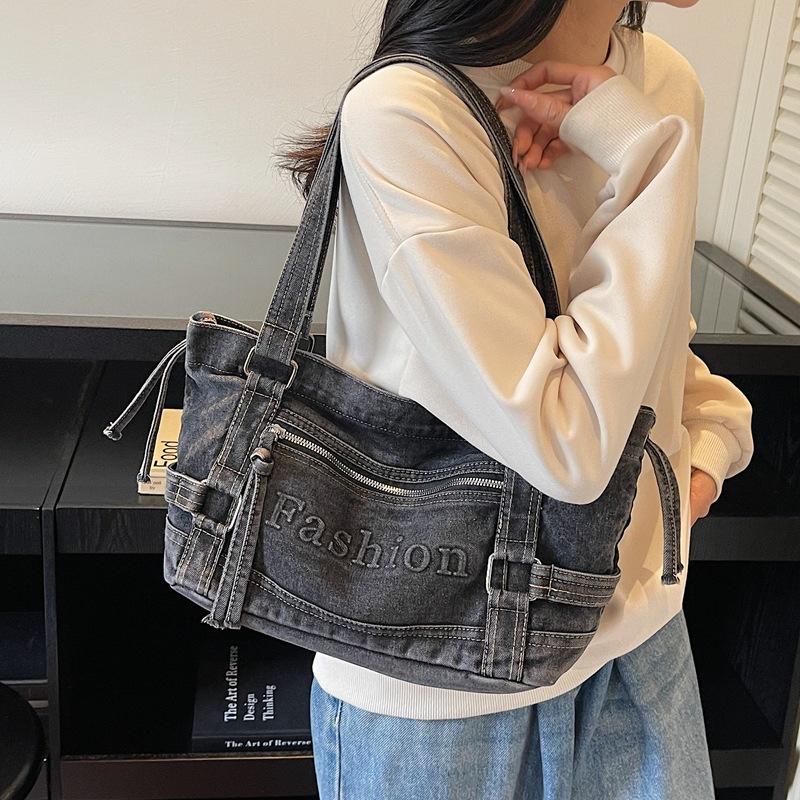 Large Capacity Commuter Tote Bag Women's Denim Shoulder Crossbody Bag