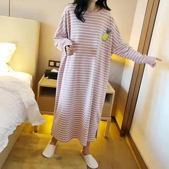 

Women s Striped Long-Sleeve Pajama Dress - Loose Fit Mid-Length for Spring/Summer. One Size [Suitable for 90-170 kg]