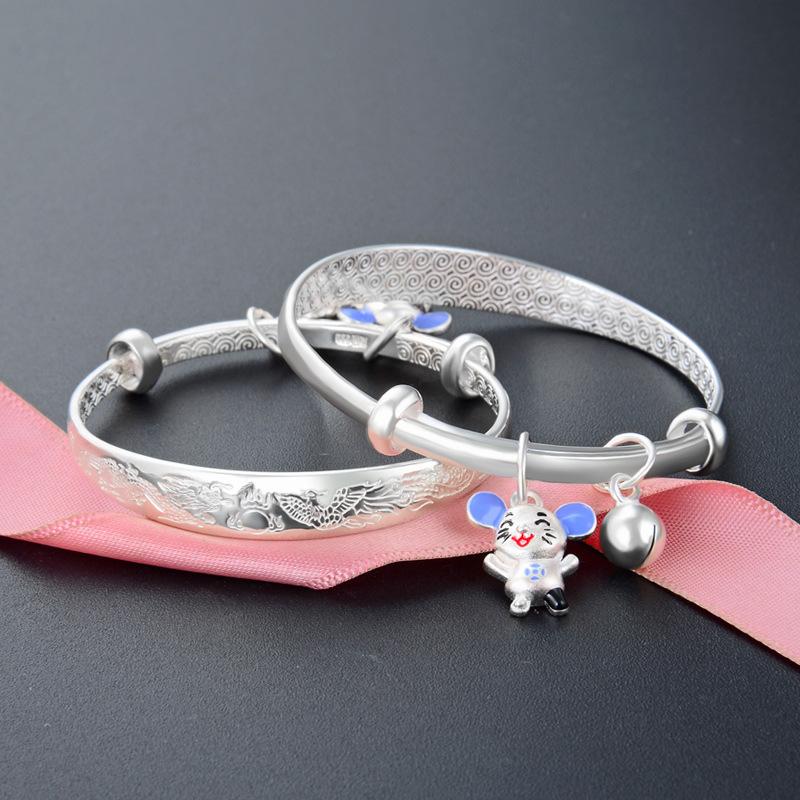 Korean Children's Cartoon Zodiac Bracelet S999 Silver Baby Bracelet, A Pair of Dragon and Phoenix Auspicious Full Moon Bracelets