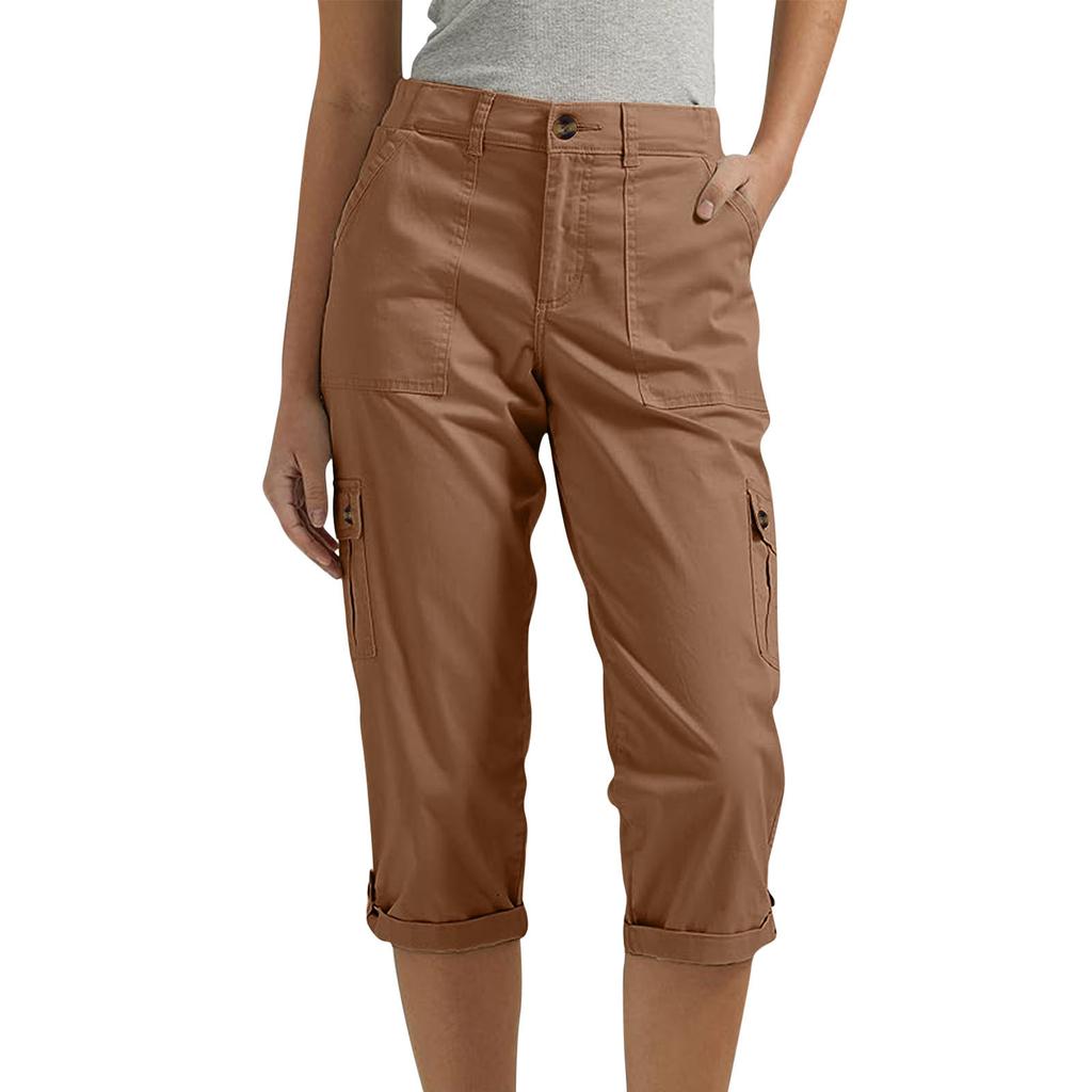 Health Women's Solid Color Outdoor Casual Workwear Multi-Pocket Seven-Length Casual Pants Work Trousers Comfortable Fit