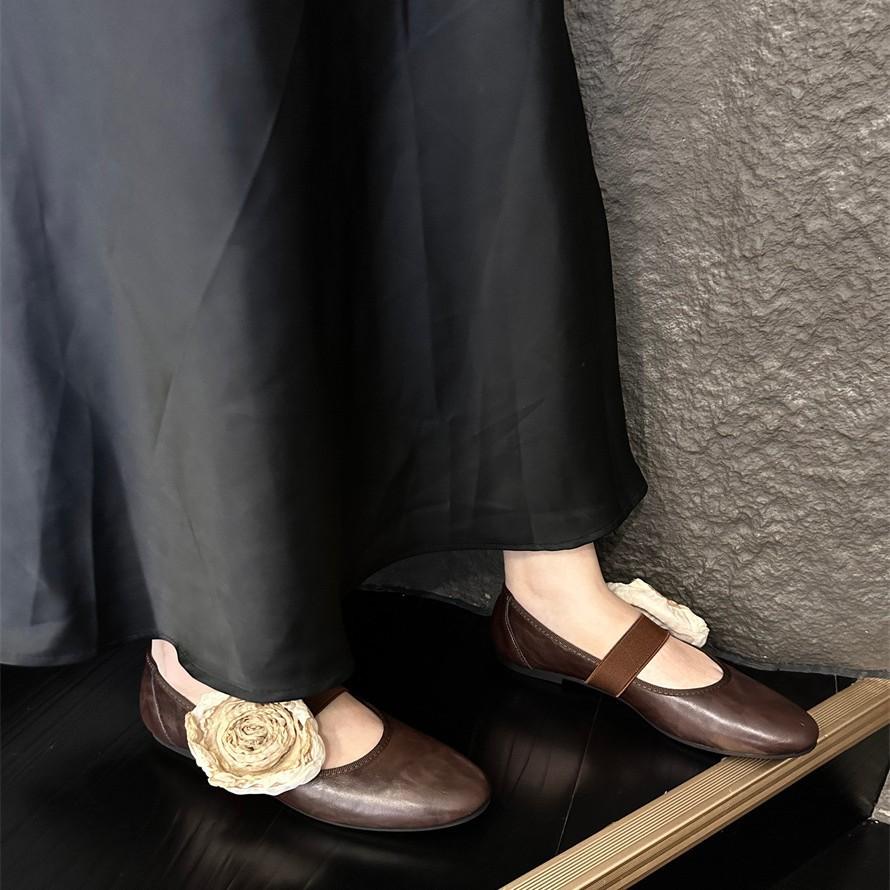 Leather~ Retro one-word belt removable flower shallow mouth single shoes women's soft-soled leather shoes shallow mouth ballet shoes