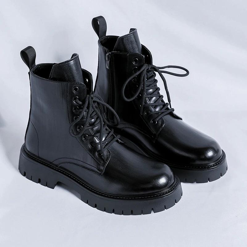 Fashion 2024 Trendy Retro Men's Leather Biker Shoes Lace-Up High Quality Outdoor Non Slip Winter Casual All-match Business Men Shoes