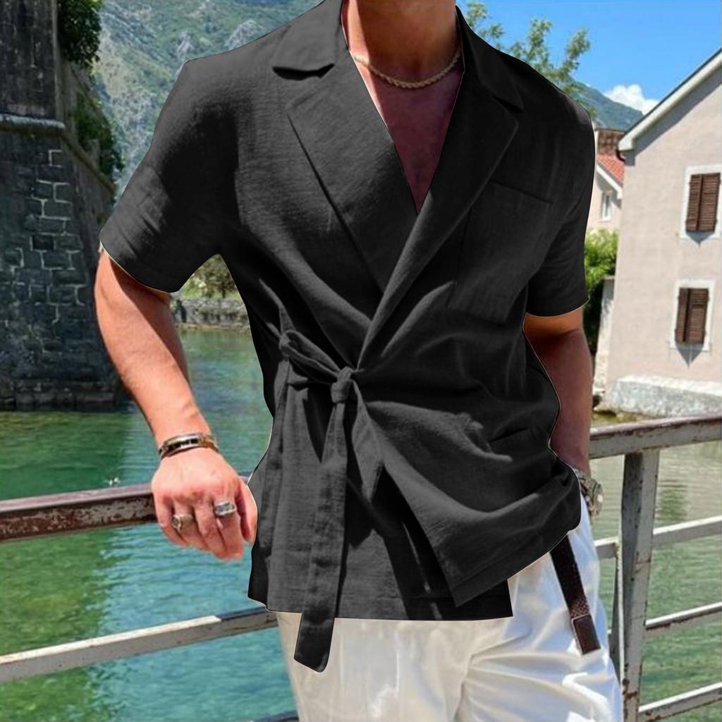 Herredress i ensfarget bomullslin med jakkeslag og knytebluse med korte ermer