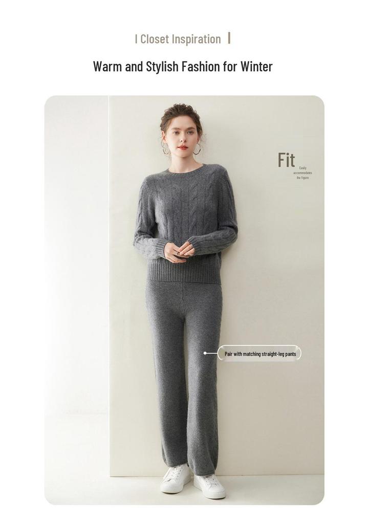 Women's Cashmere Cable Knit Sweater: Round Neck, Long Sleeve, Thickened for Autumn/Winter, Loose Fit