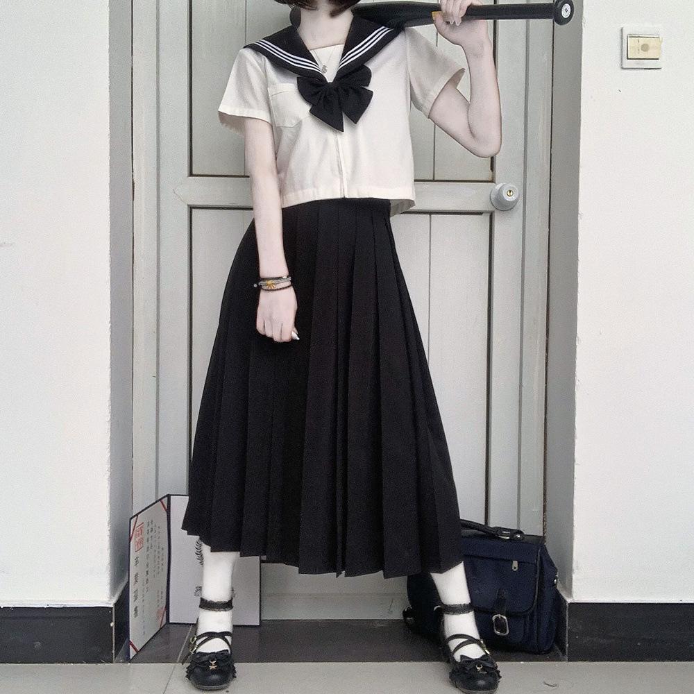 JK Sailor Suit: Black-Collared Off-White Pleated Skirt Set - Three-Piece Basic Style for Spring/Summer