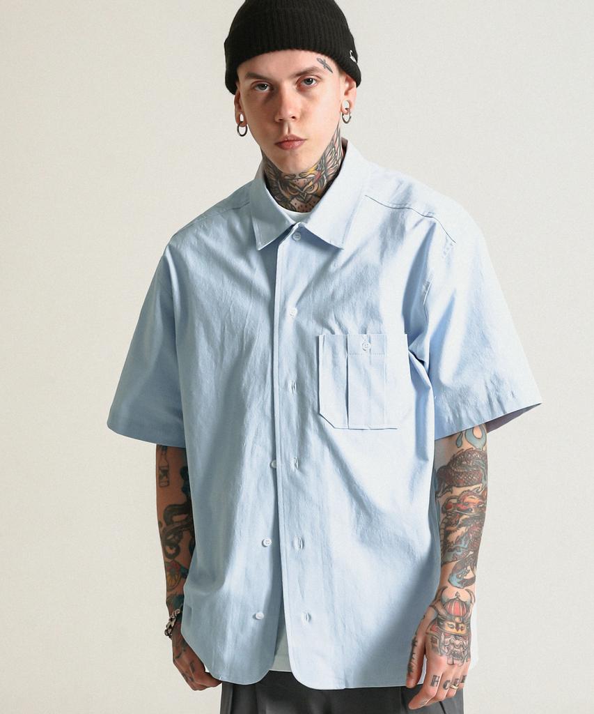STAGE NAME Rd City Boy Washed Cotton Oversized Short Sleeve Shirt_Pale Blue
