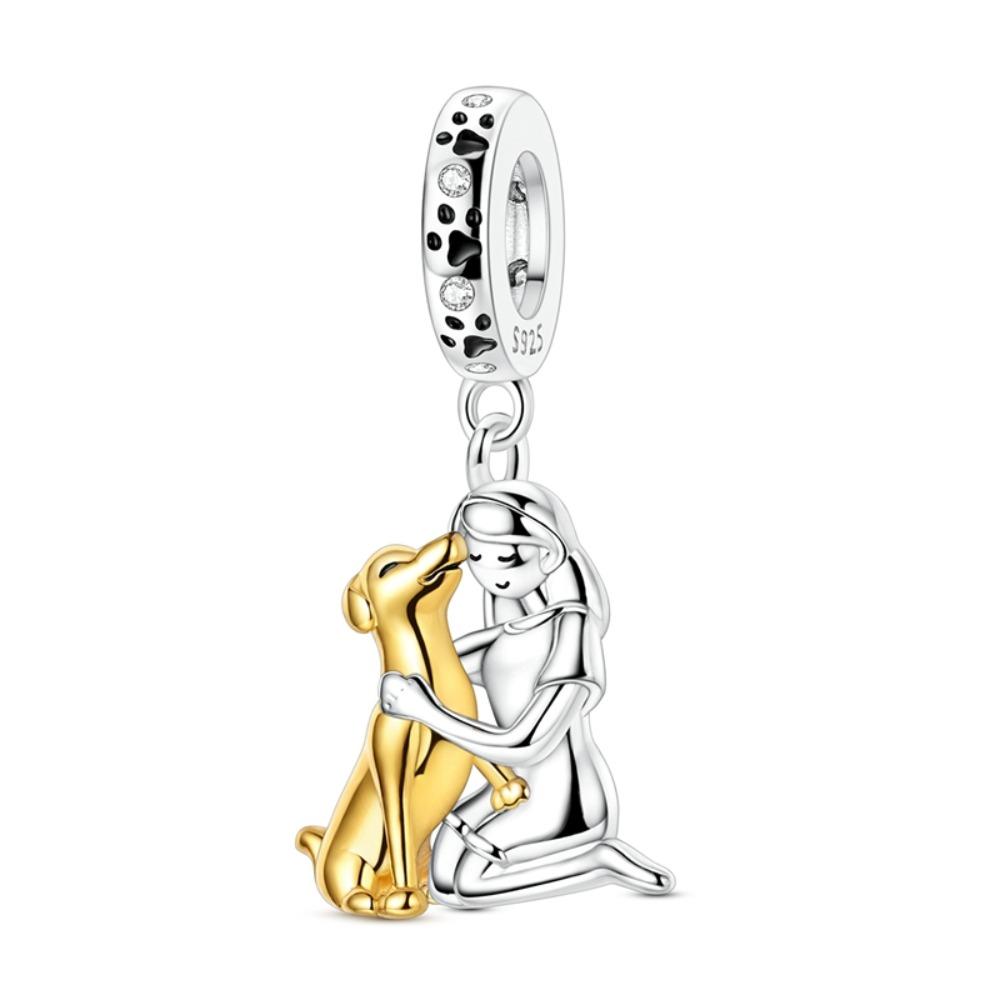 Copper Girl Holding Dog Charm Golden Retriever Beads Fit Original Bracelet Making Gift For Woman Jewelry Diy Fashion Pendant