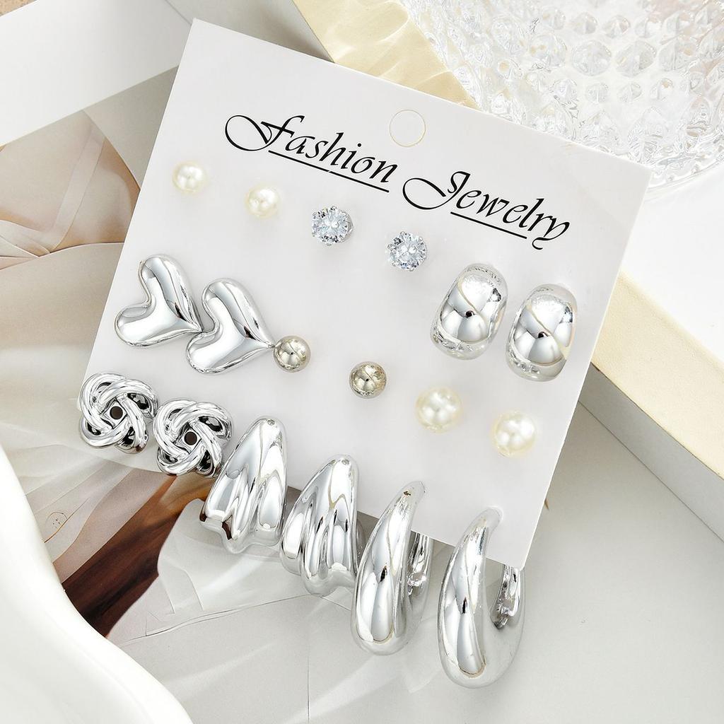 9 Pairs Vintage Heart Teardrop Knot Earrings Set For Women Pearl Crystal Minimalist Stud Hoop Earrings Trendy Daily Wear Jewelry