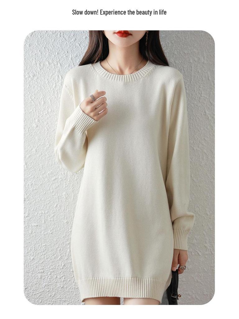 Women's Mid-Length Knitted Cotton Sweater Dress - Solid Color, Round Neck, Thick, Hip-Wrapping, Loose Fit
