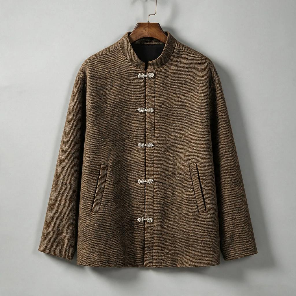 Men Mandarin Collar Woolen Jacket Men Kung Fu Shirt Chinese Style Hanfu Robe Traditional Overcoat Vintage Oriental Coats