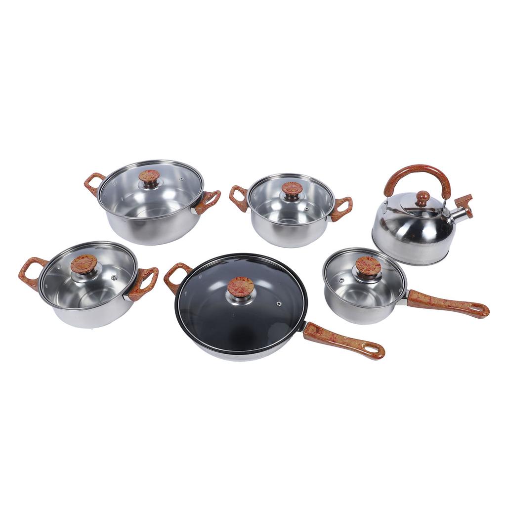 Stainless Steel Cookware Set Multifunctional Wooden Grain Kitchen Cookware Pots Pans Set with Kettle