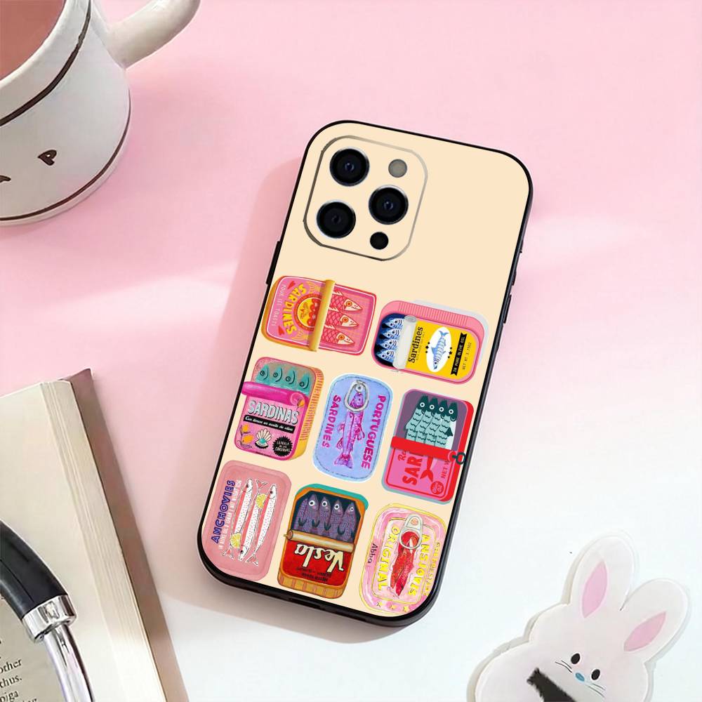 Sardines Fish Art Phone Case For iPhone 17,16,15,14,13,12,11 Plus,Pro Max,Soft Silicone Black Cover