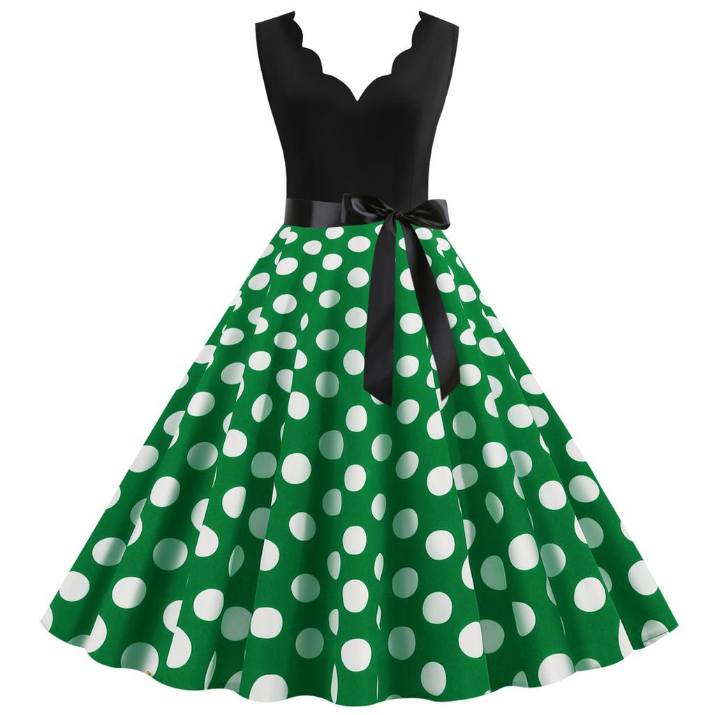Women's Retro Wave V-Neck Sleeveless Patchwork Polka Dot Printed Large Skirt Dress