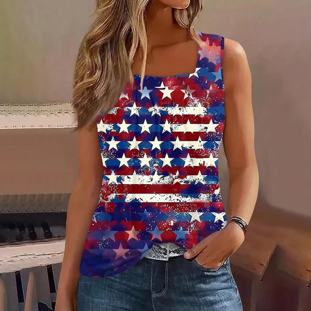 Square Collar Tank Top Women Print Tank Tee Casual Loose Fit Sleeveless Shirt