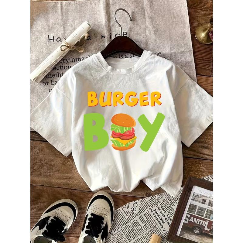 Kids Crewneck Short Sleeve T-Shirt, Burger Graphic Print Casual Streetwear Summer Tee 110 белый
